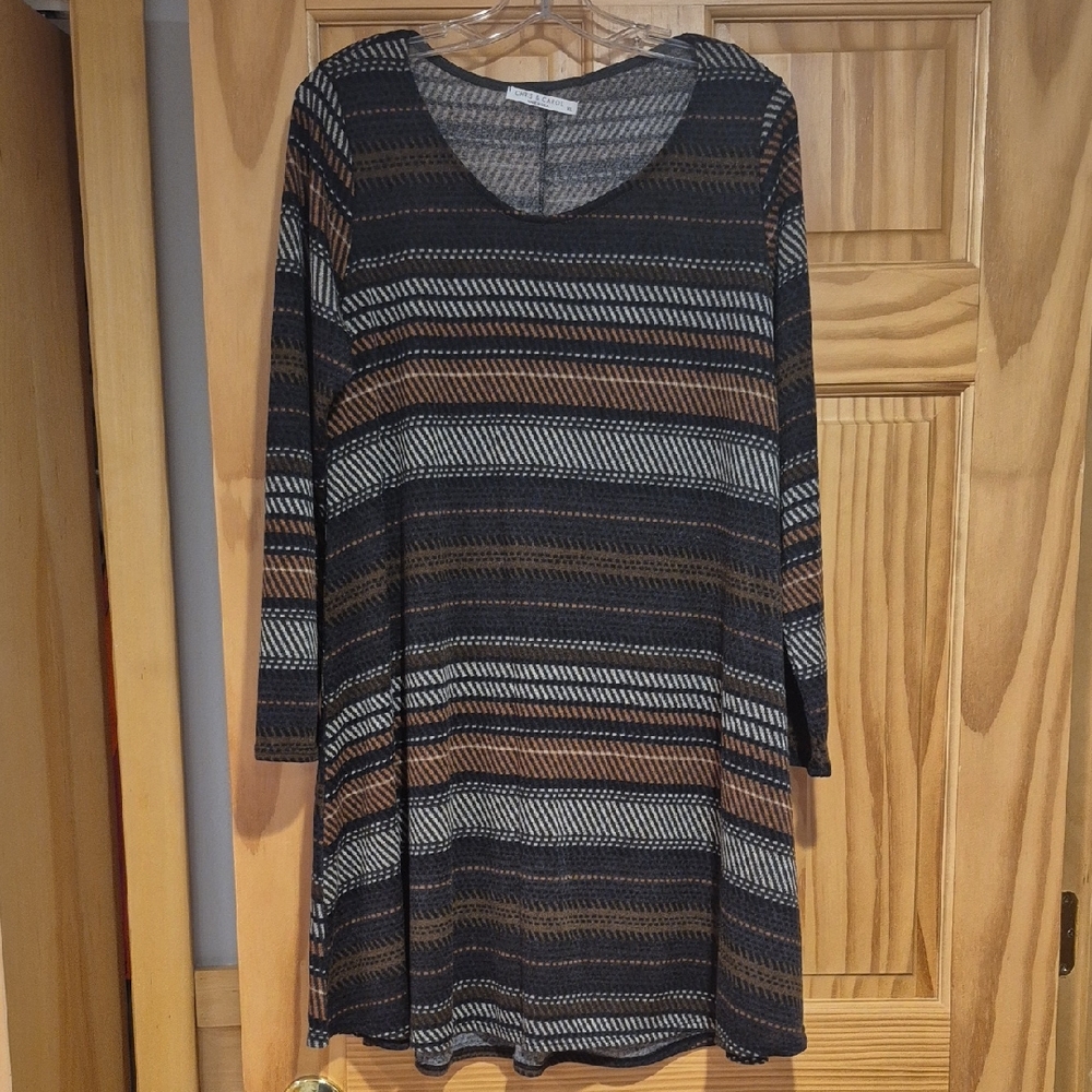 Chris & Carol Black, Brown and Cream Striped V-Neck Tunic